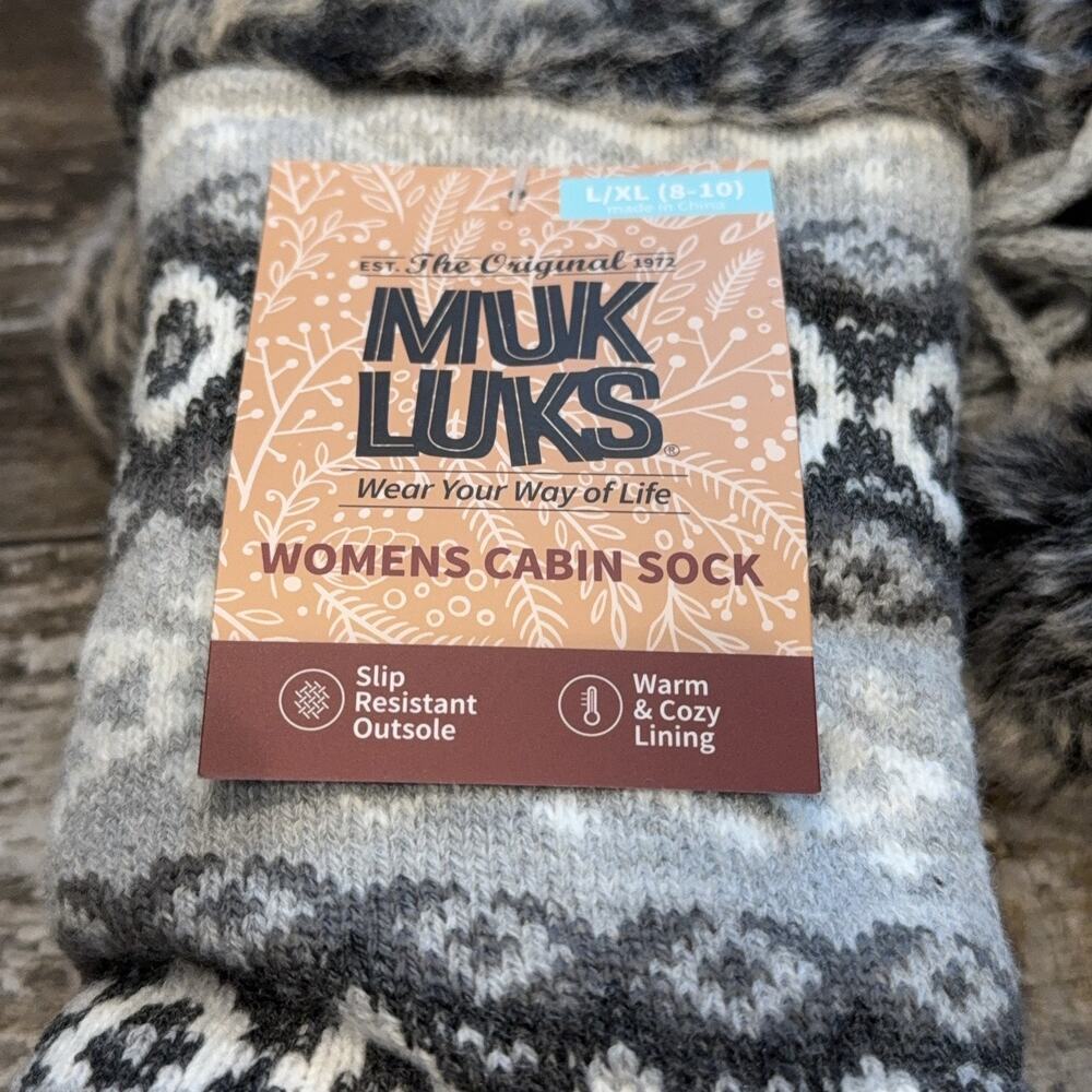 Muk Luks Womens Cabin Sock L/XL 8-10 Gray Cozy Faux Fur Slip Resistant Winter - Picture 2 of 8